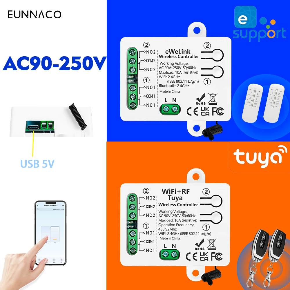 Ewelink WiFi +RF TUYA Google Home Alexa Smart Switch AC110V 220V 2CH Dry Contact Relay Wireless Remote Control for Light Fan