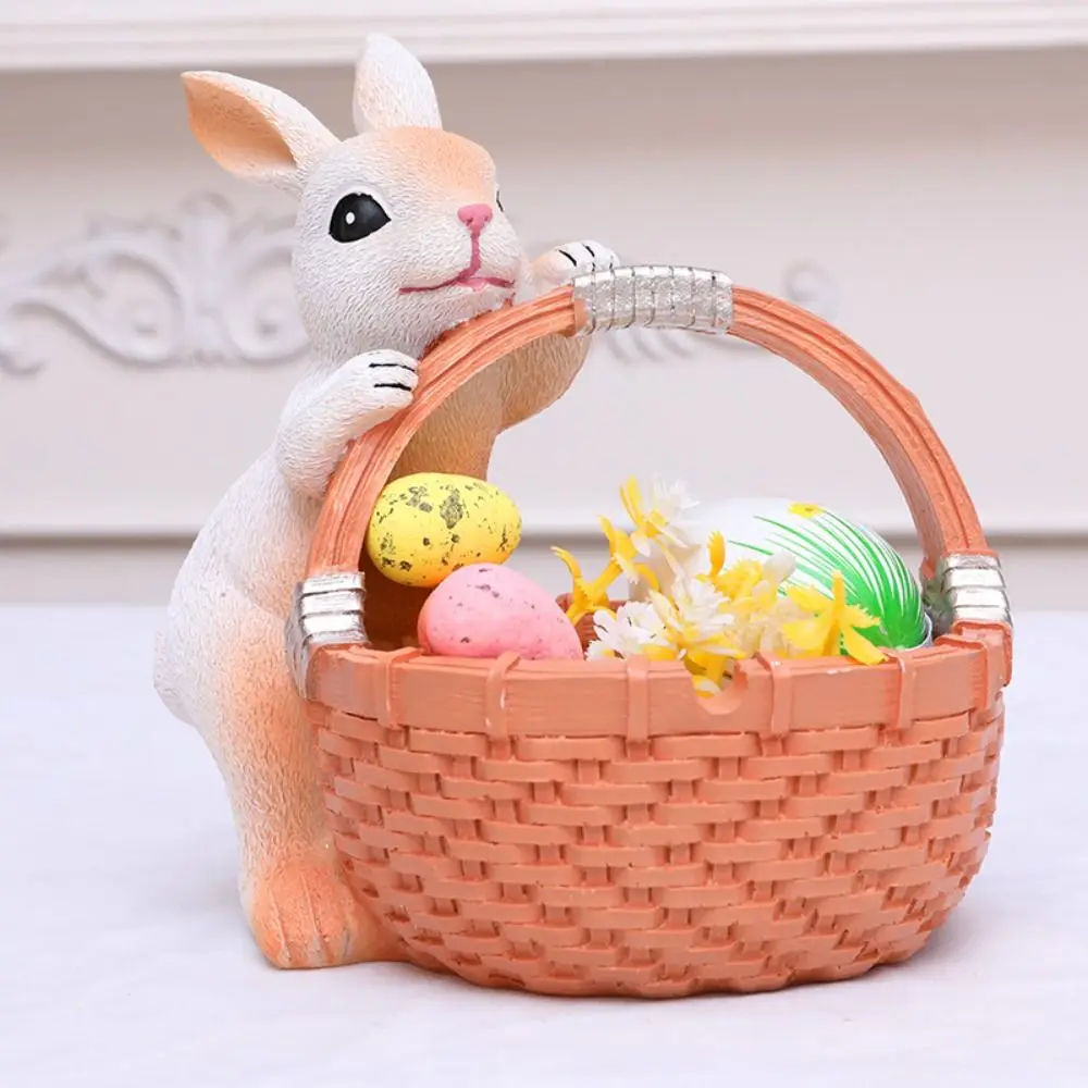 

Cute Easter Bunny Basket Figurine Festival Realisti Gift Basket Rabbit Statue Resin Crafts Desktop Rabbit Ornament Party Gifts