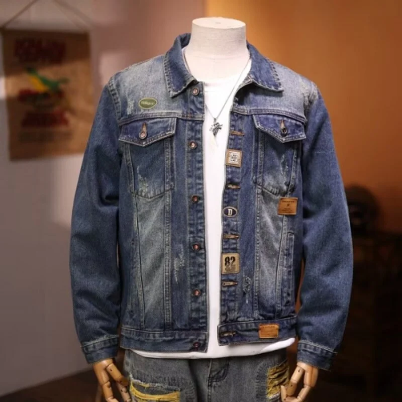 

Spring 2025 Men's Sli Motorcycle Workwear Jacket Trendy Retro American Denim Coat Youthful Wear Resistant