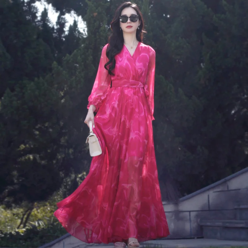 

New Women Summer Chiffon Holiday Long Dress Fashion V-Neck Long Sleeve Slim Waist Dress Elegant Flowing Ankle-Length Dress