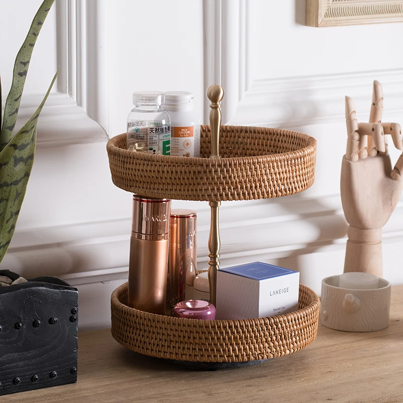 

Brass Gold Cosmetic Storage Box with Solid Wood and Rattan Perfume Rack Multi-Tier Vintage Organizer Display Shelf