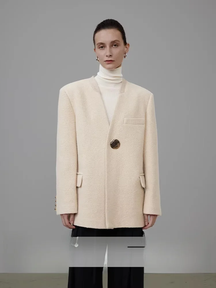 

Простой шерстяной пиджак на одной пуговице для женщин от Unsspoken: новинка осенне-зимнего сезона, для офиса, с V-образным вырезом...