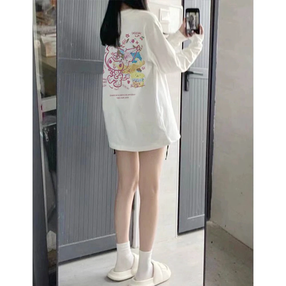 Sanrioed Cartoon Kuromi Cotton T-Shirt Anime Spring Long Sleeve O-Collar Loose Tops Kawaii Oversize Harajuku Girl Student Casual