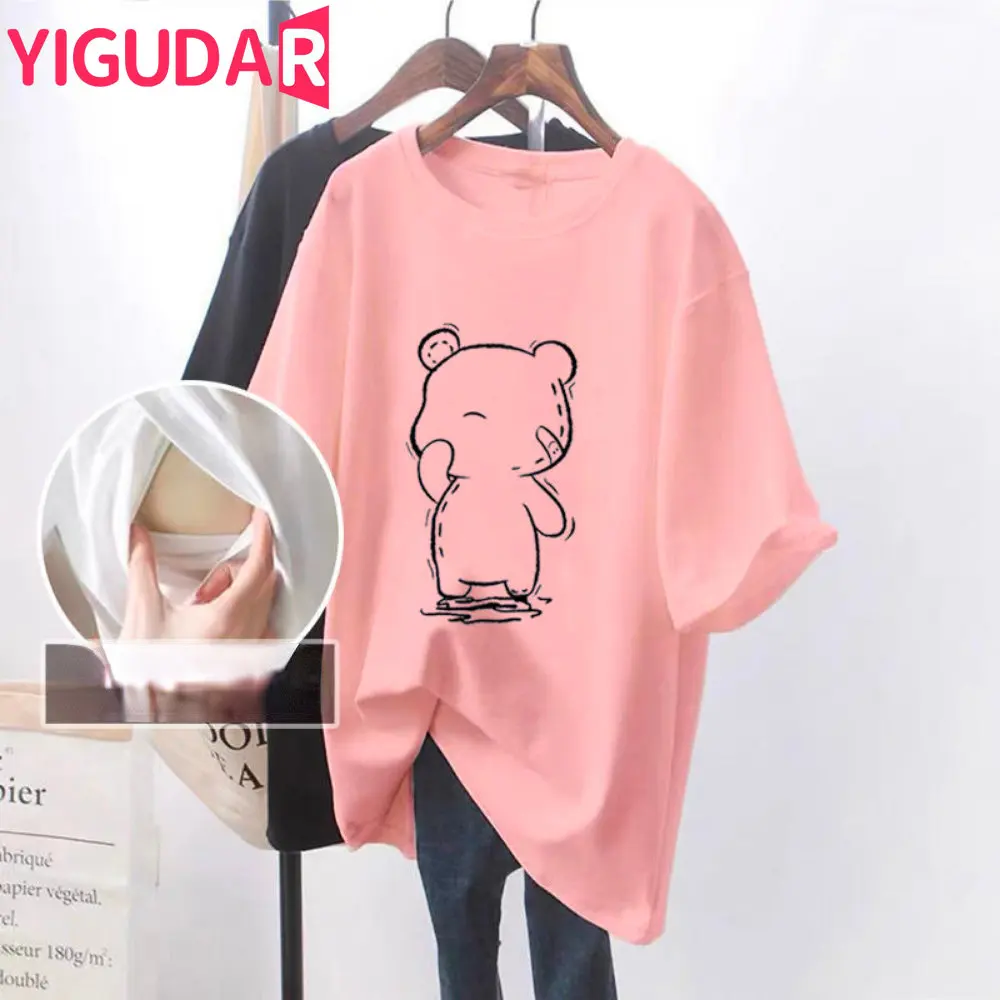 2024 Summer Short Sleeve Cotton Nursing T-shirt Fashion Print Maternal Woman Breastfeeding Clothes Lactation Top Tees pregnancy