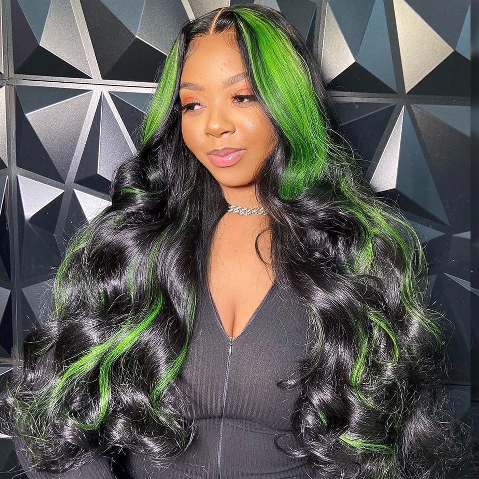 30 34 Inch Body Wave Lace Front Wig Highlight Green Lace Front Human Hair Wigs Colored Human Hair 13x4 13X6 HD Lace Frontal Wigs