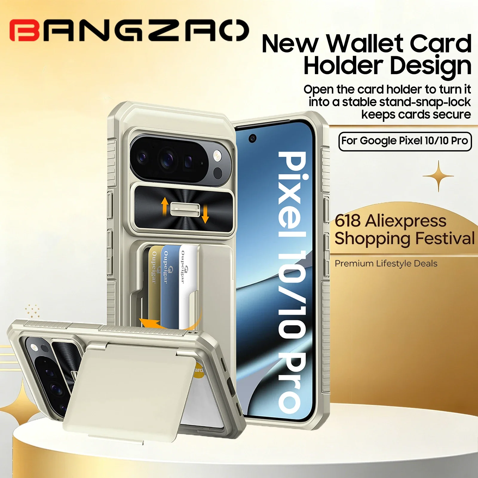 

618Deals For Google Pixel 10/10 Pro Wallet Case with Card Slot Slide Drop Protection Anti-Fingerprint Rugged Phone Cove-Titanium
