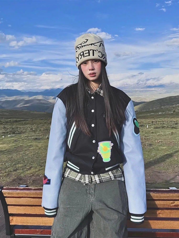 

Retro American Patchwork Men's Jaet Autumn Trendy Design ort Versatile Loose Baseball Stitching Casual Loose Baseball Jaet