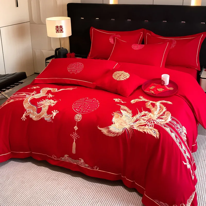 2024 new skin-friendly cotton big red embroidery wedding four-piece set, bed sheet wedding gift festive four-piece set