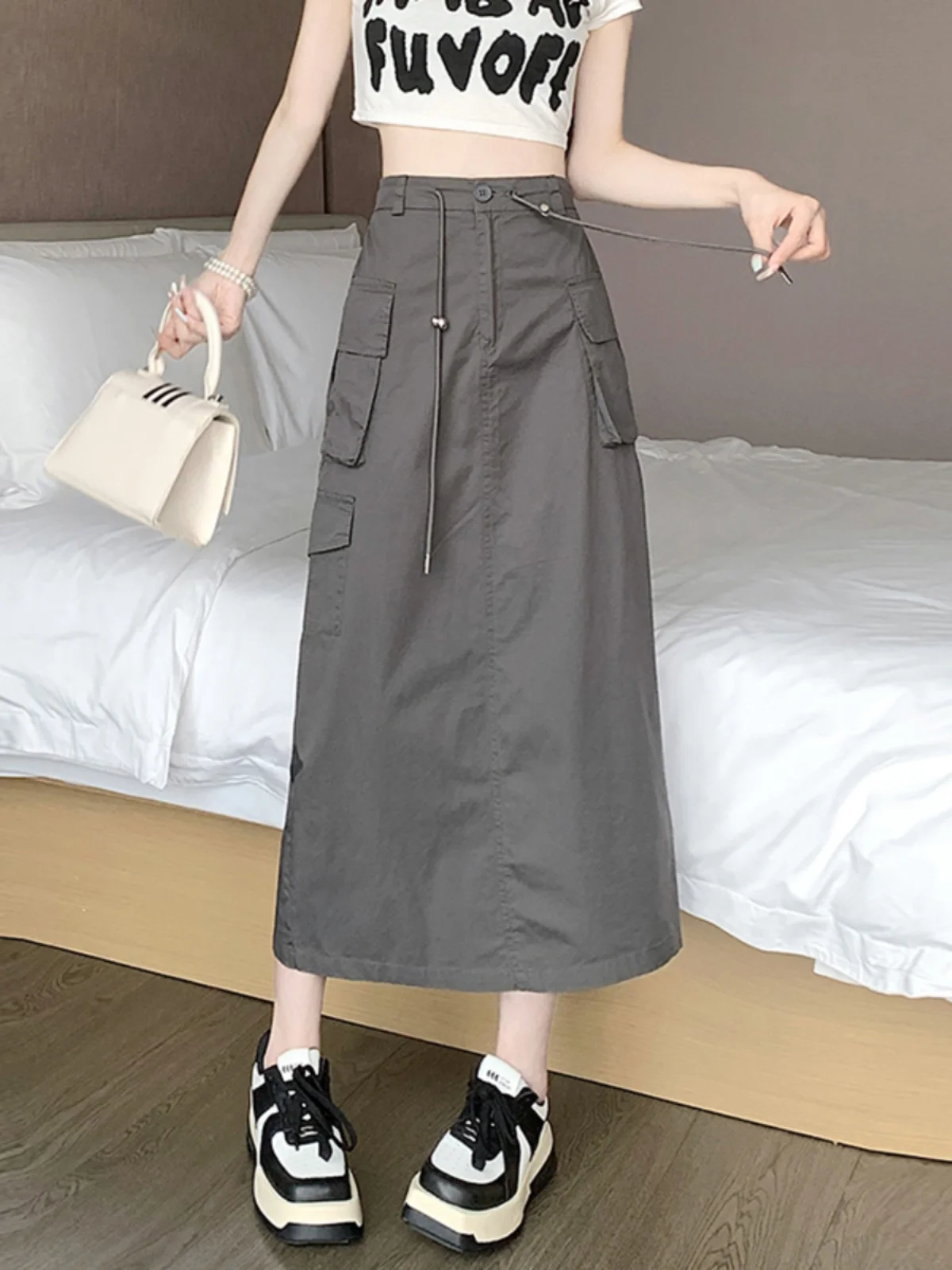 

Retro Minimalist Safari Style With Pocket Lace-up Skirts Women Summer New Chic High-waist Back Slit Slim Drawstring A-line Skirt