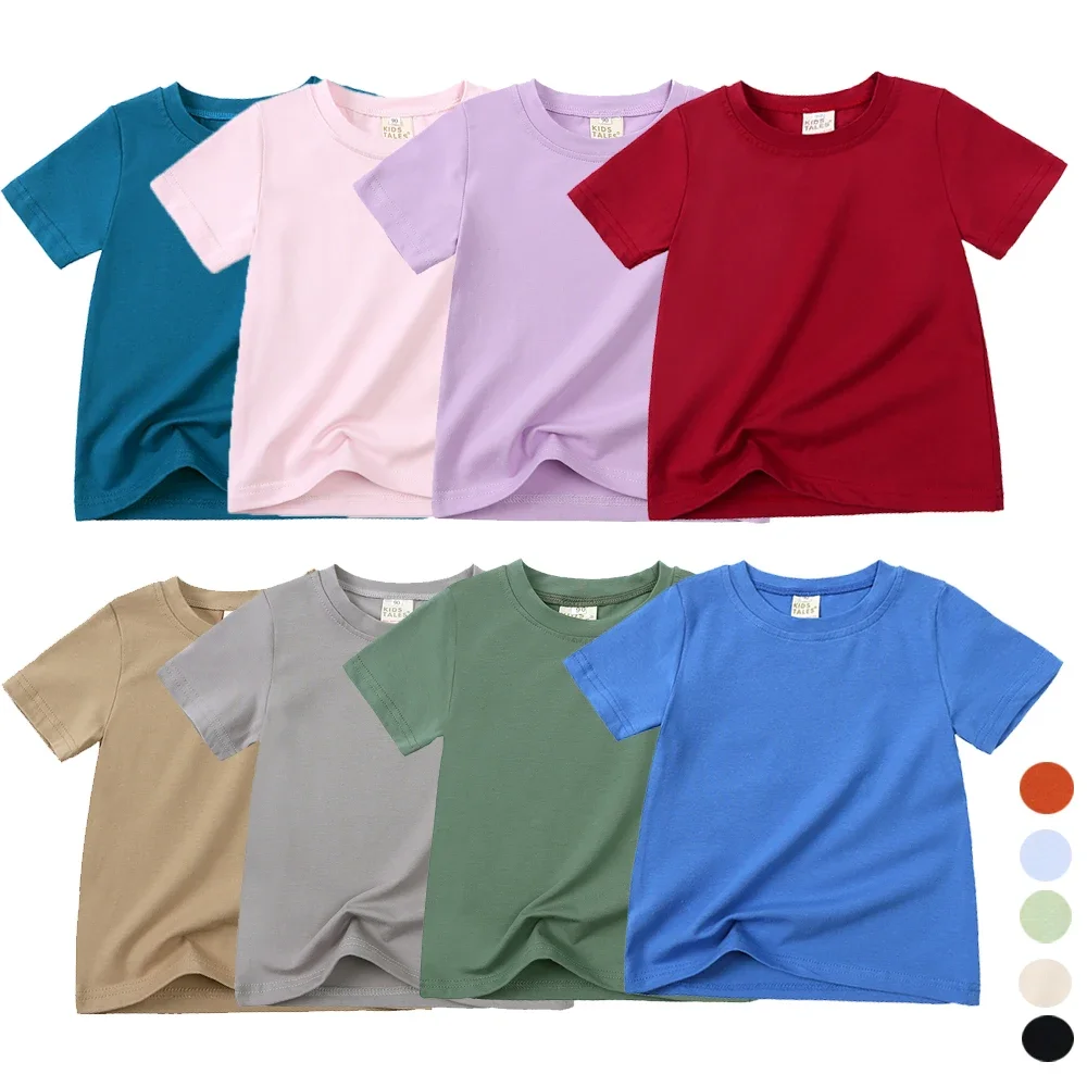 

2025 Children Summer T-shirt Solid Cotton Short Sleeve Top Outwear Breathable Casual Clothing For Boys Girls Korean Tees Clothes