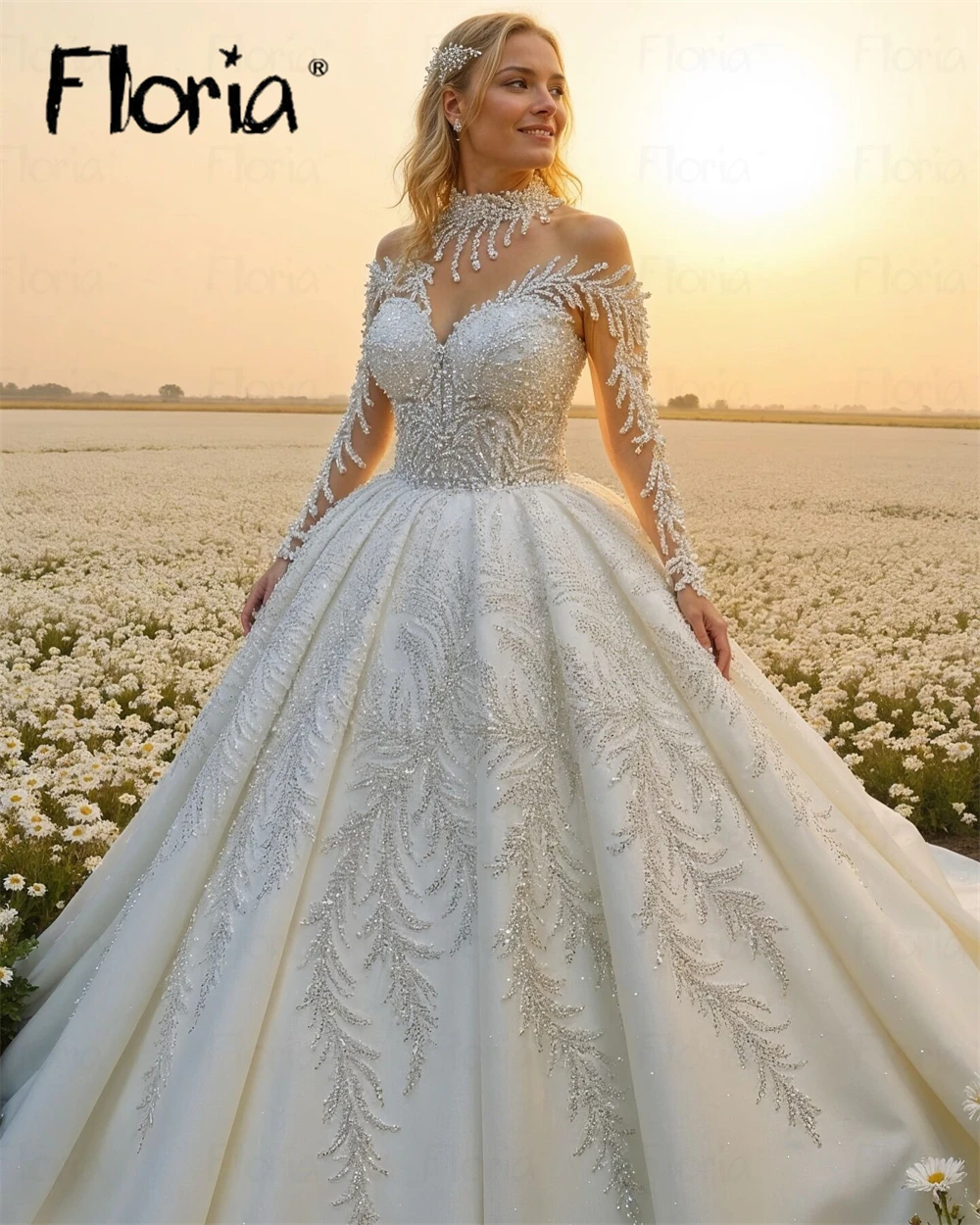 Luxury Appliques Wedding Dresses Woman's A-Line Dubai Princess Long Sleeve Pearls Bride Gowns Vestidos De Novia Customized