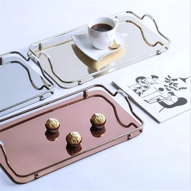 

Nordic Gold Silver Rectangle Serving Tray Holder Scandinavian home Organizer Storag Tray with Handle Metal Coffee Tea Cup