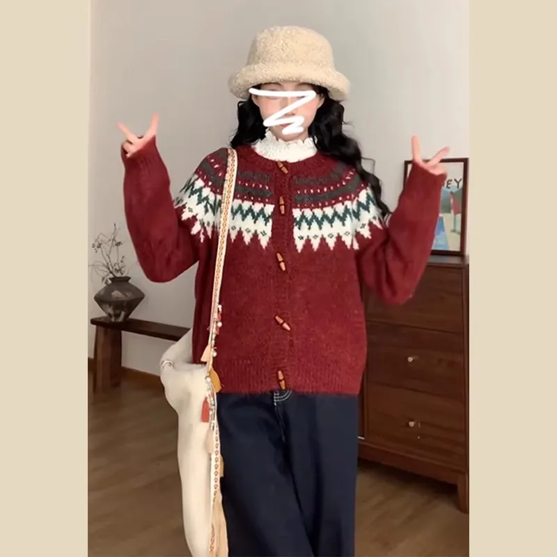 

Red Knitted Sweater Women's Lazy Sle Autumn Winter New Year Festival Clothing 2025 New High-End Design Knitted Open Cardigan