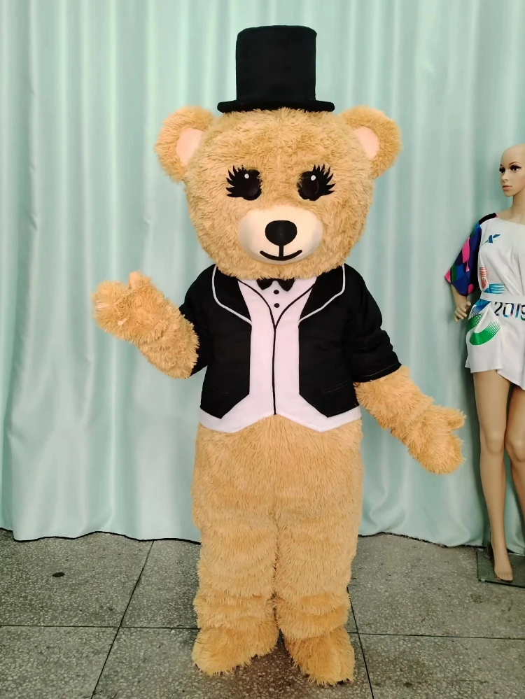 

Black Coat Plush Cute Brown Bear Mascot Costume Fancy Cartoon Walking Doll Clothes Halloween Christmas Fancy Party Dress
