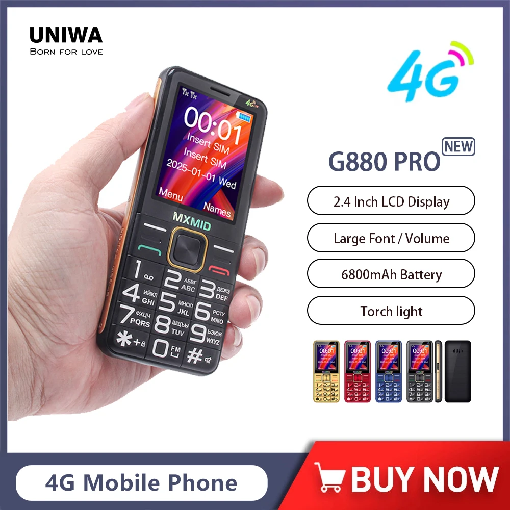 UNIWA MXMID G880 PRO 4G Feature Phone 2.4 Inch LCD Display Large Fronts Big Volume For Elder 6800mAh Torch light Russia Keyboard