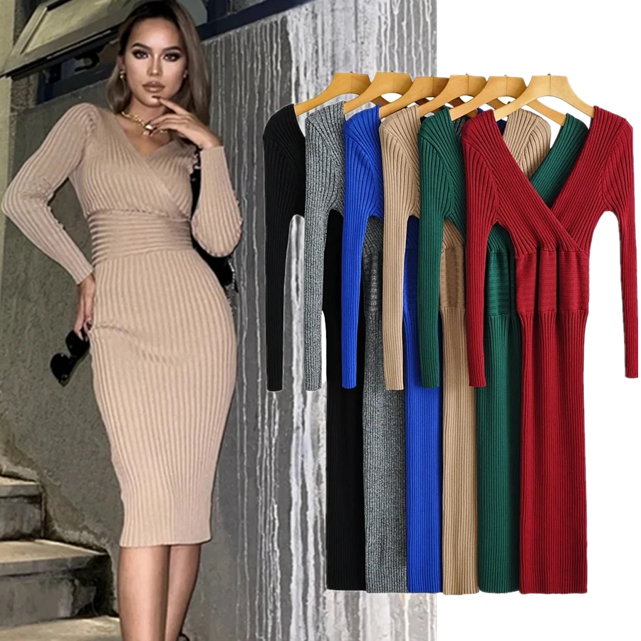 

Withered 2024 France Elegant Ins Blogger High Street Vintage V-neck Sexy Collect Waist Knitted Sheath Midi Dress Women