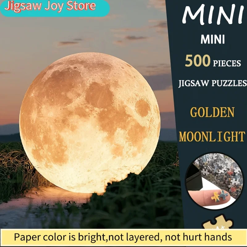 

Золотое лунное сияние: мини-пазл (1 коробка) — Премиальный рождественский подарок, трендовый праздничный астрономический арт, сияющее шедевральное произведение 15x10 дюймов