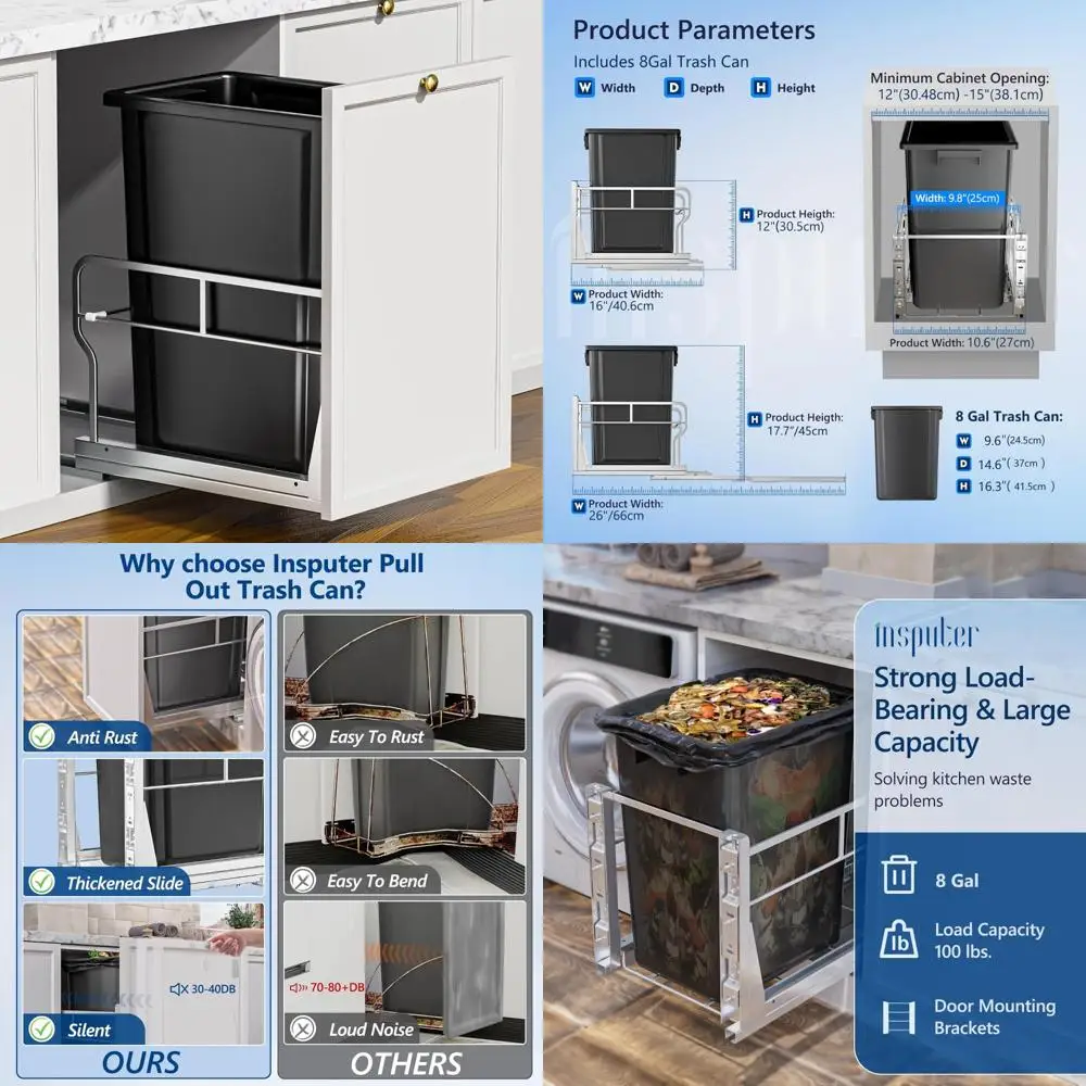 

Heavy-Duty Pull-Out Trash Can for Kitchen Cabinets with Soft-Close Slides, Under Sink Garbage Can Kit for Laundries