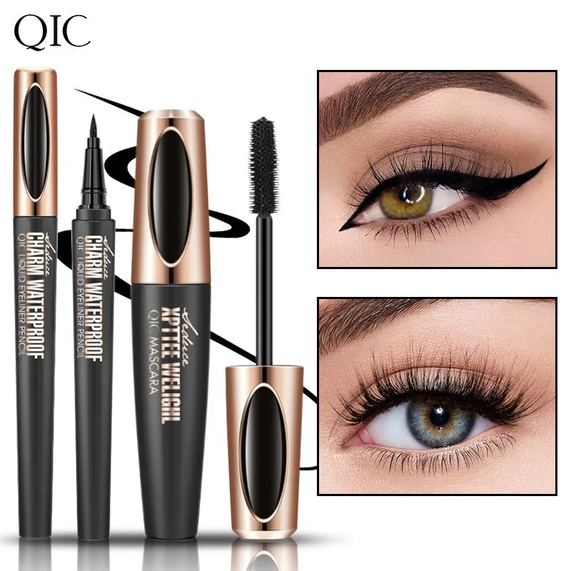 4D Mascara Thick Slender Curly Waterproof and Sweatproof 24h Lasting Effect Without Smudge 2in1 Mascara & Eyeliner Pen Tools