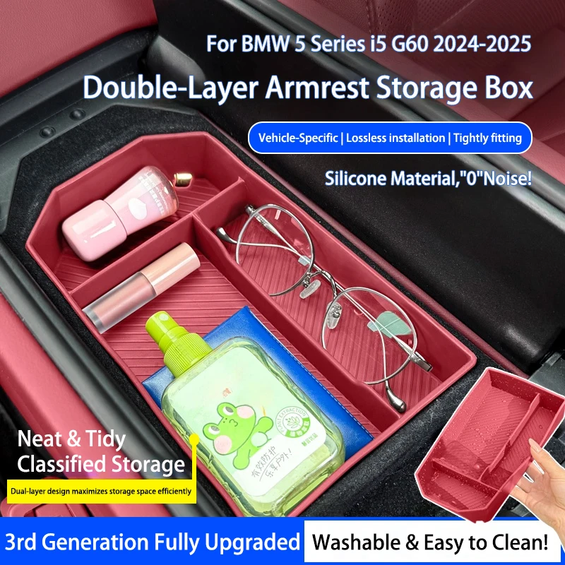 Car Center Console Armrest Box Storage Box Silicone Central Armrest Organizer Tray Accessories For BMW 5 Series i5 G60 2024-2025