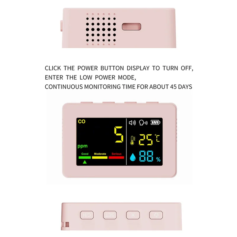 AF91-مقياس جودة الهواء المحمول 3 في 1 جهاز قياس درجة الحرارة والرطوبة ثاني أكسيد الكربون مع إنذار صوتي