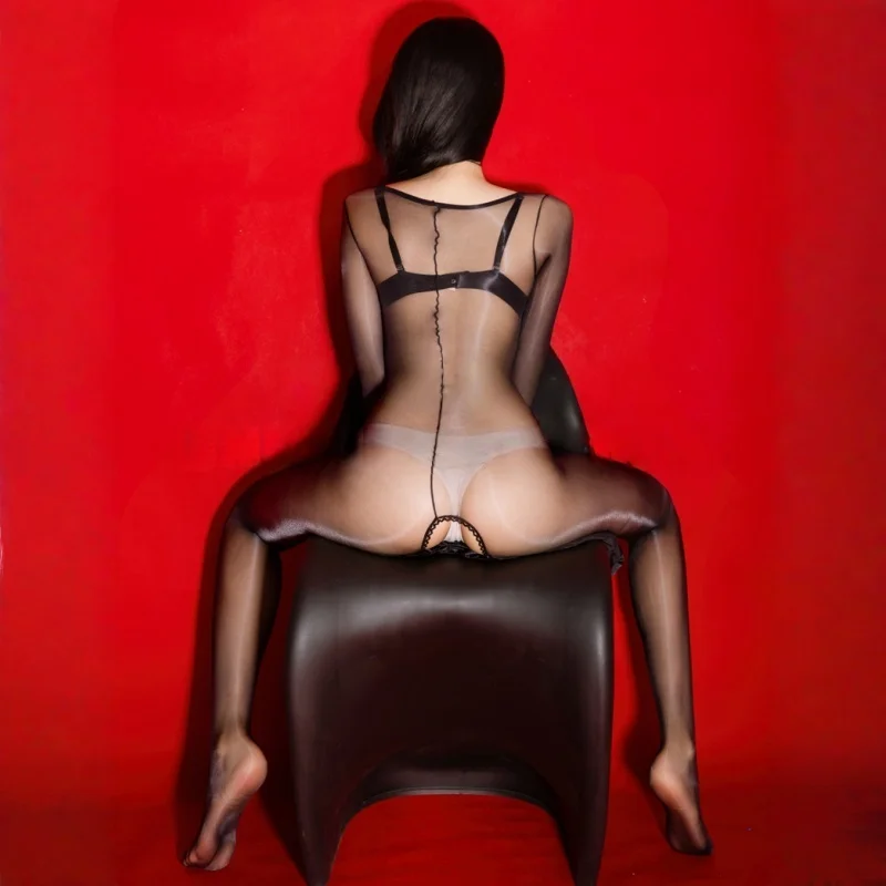 

Open Crotch Transparent Bodystocking Long Sleeve Oil Glossy Crotchless Pantyhose Erotic Lingerie Silky Touch Women Catsuit
