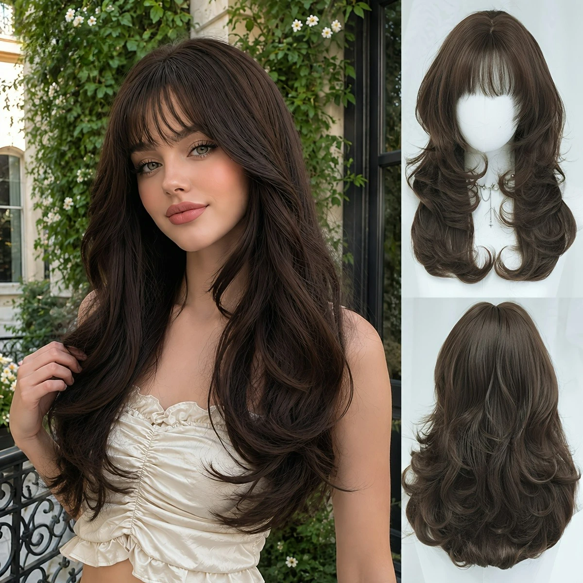 Long water ripple dark brown wig, women wear Kpop wig daily, high-density synthetic heat-resistant fiber wig