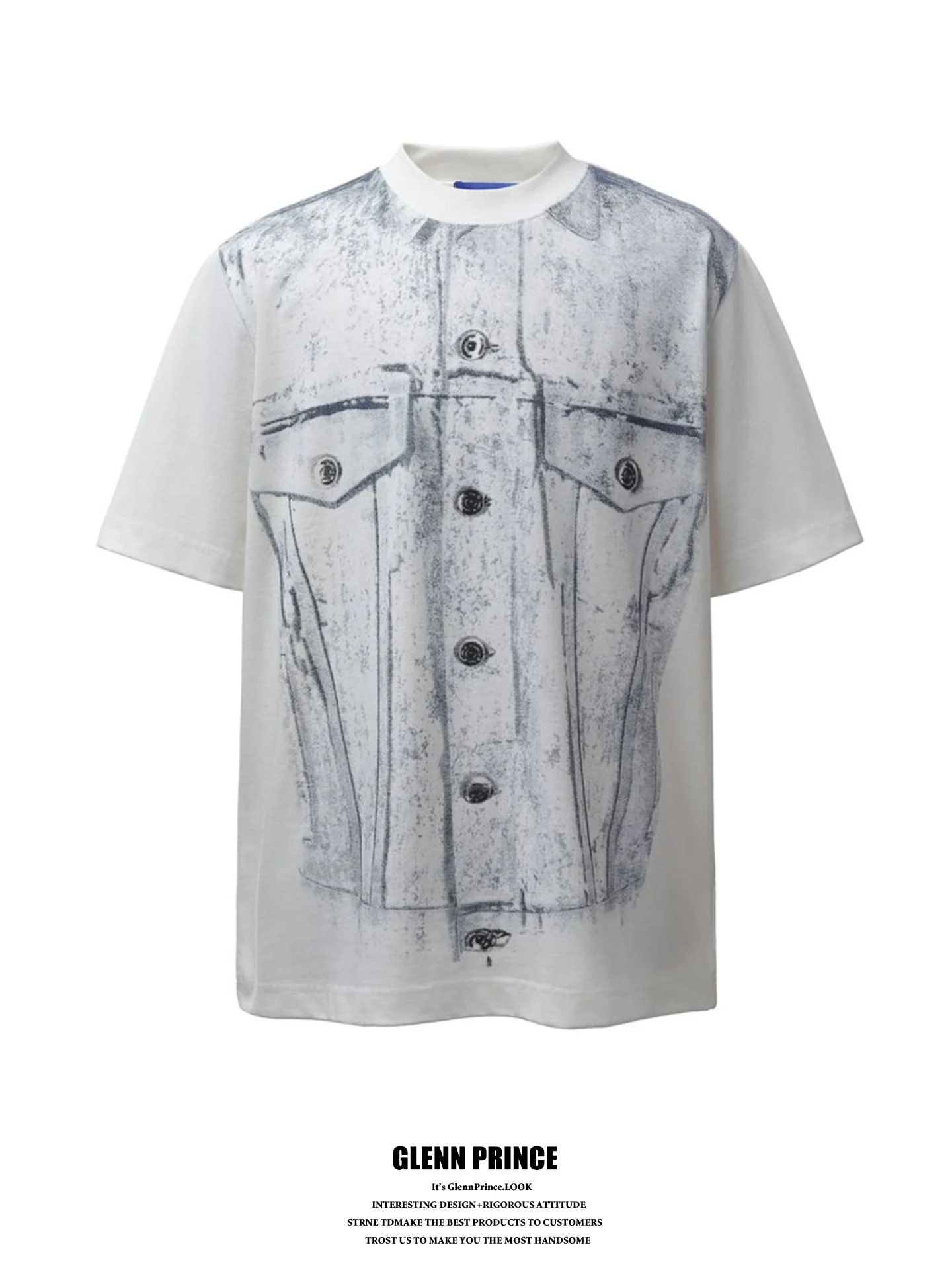 

Retro Denim Print Short Sleeve T-Shirt Men's Heavy Design Sensation Loose Fit Casual Summer Top Fashionable Vintage Style