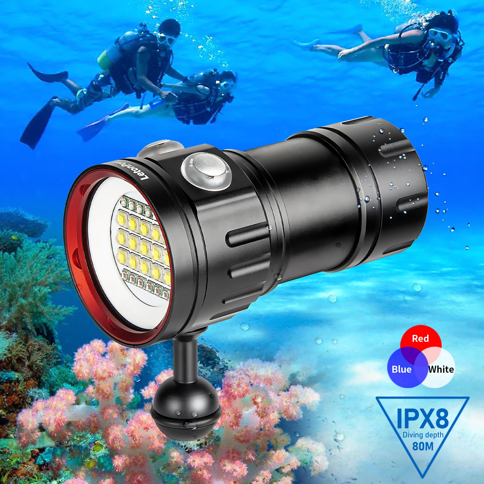 Lampe de plongée B15, lampe torche sous-marine 8000 lumens, éclairage vidéo sous-marin 80m, lampe de plongée pour sports sous-marins, tournage vidéo sous-marin et photographie.