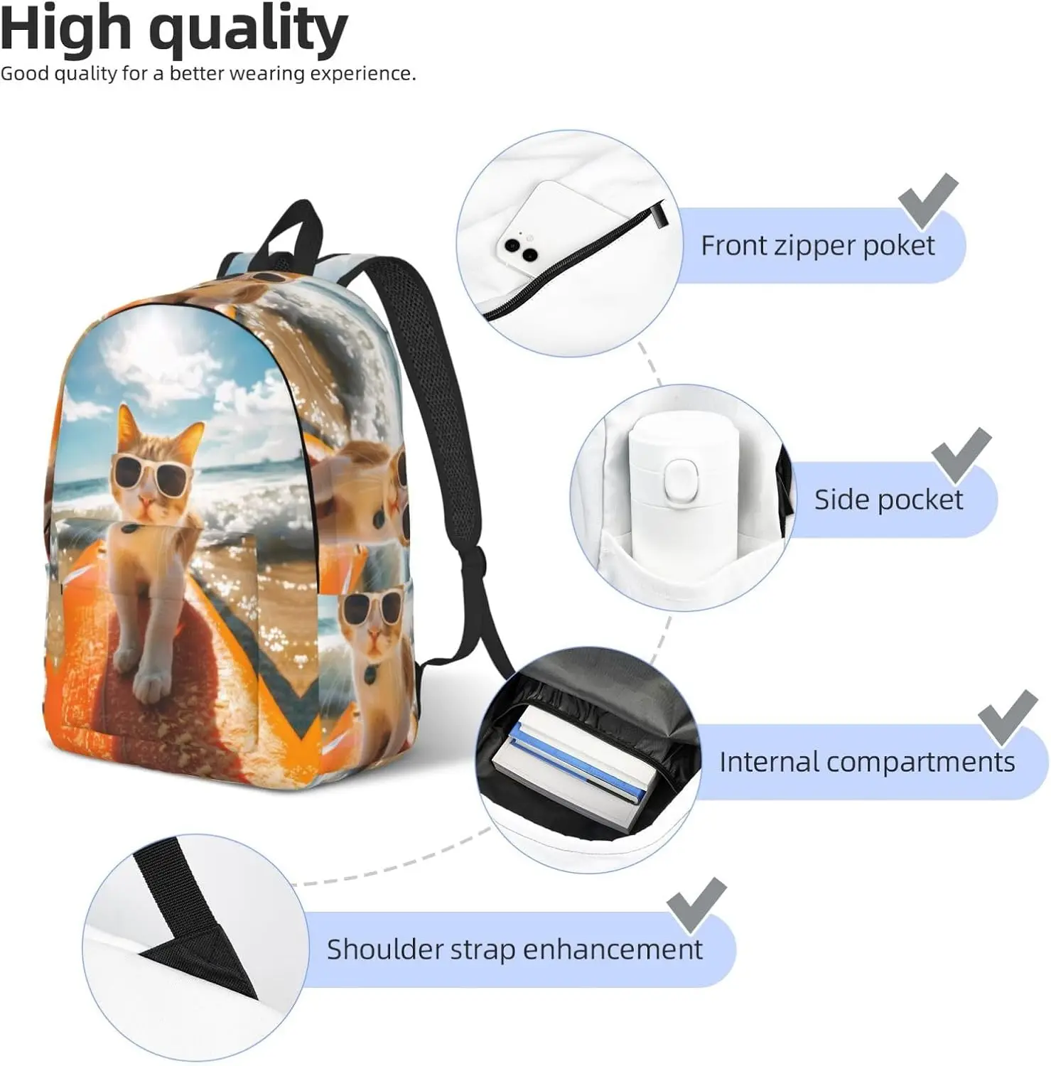 حقيبة ظهر للكمبيوتر المحمول للسفر - حقيبة ظهر قماشية للكمبيوتر من Surfing Cat Sun مع أشرطة قابلة للتعديل