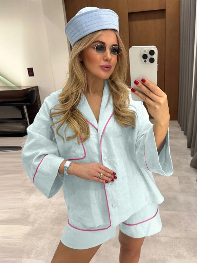 

FDYOUI Casual Loose Turn-down Collar Long Sleeve Shirt Tops+Shorts Two Piece Sets for Women 2025 Autumn Short Pants Suit Blue