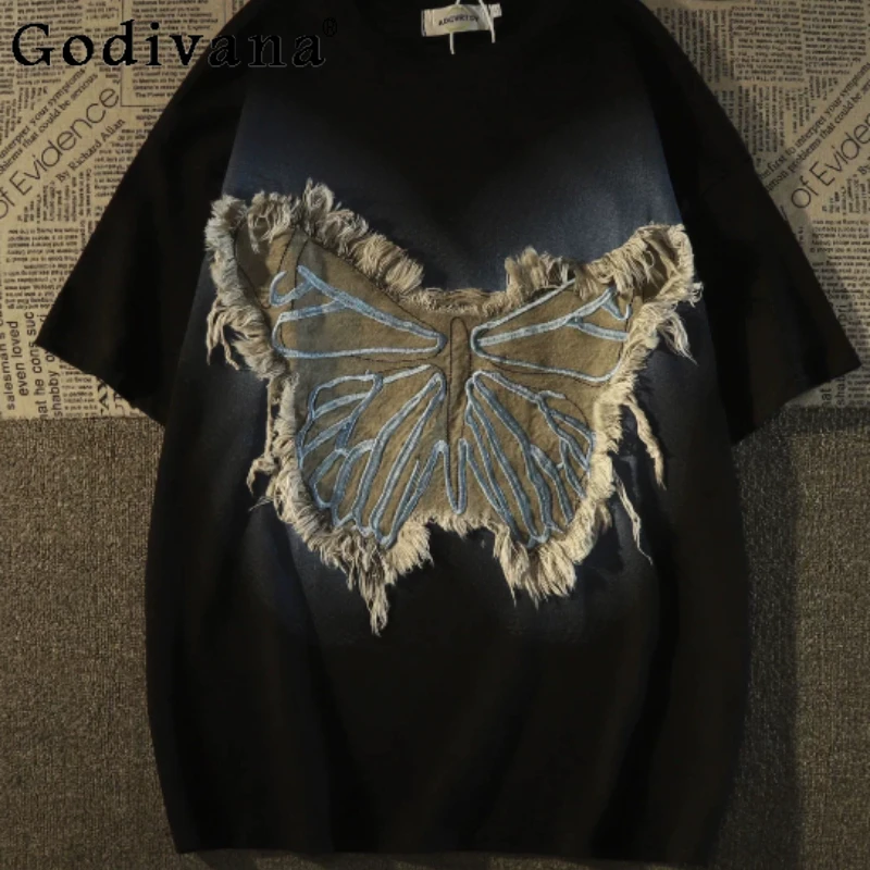 

New Large Size Vintage Chic Butterfly Loose Short Sleeve T-shirt Men Summer Retro Versatile Fashion Crew Neck Solid Color Tops