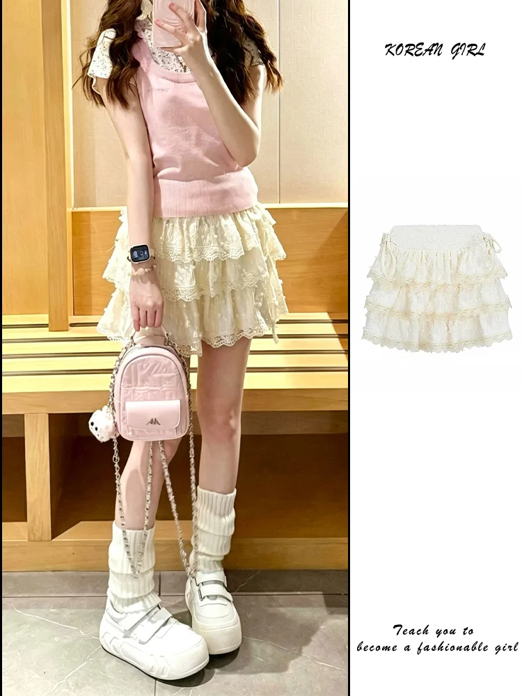 High Waist A-Line Lace  Skirt Women's Early Autumn New Sweet Small Size Fluffy Short Skirt Half Body Skirt Casual Style