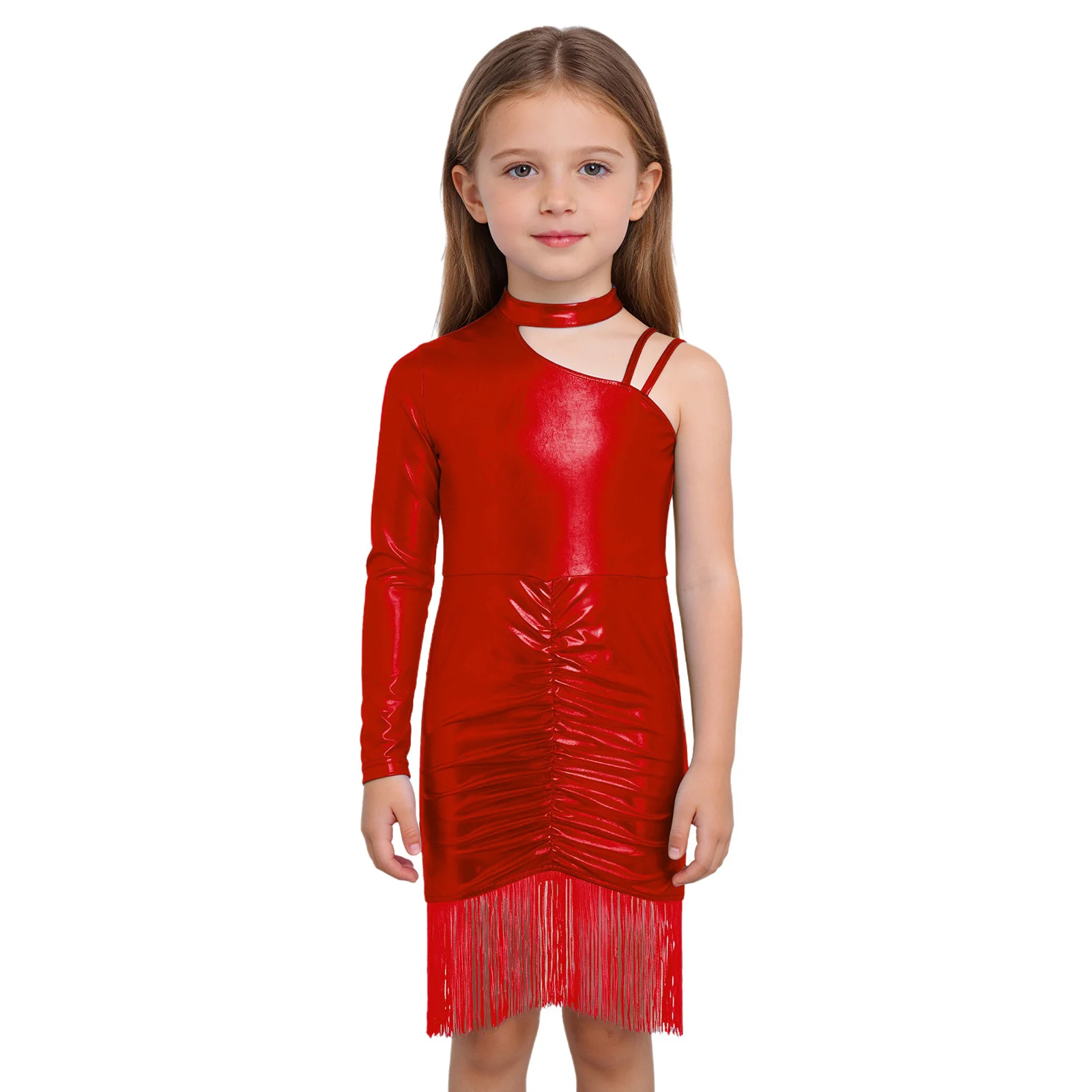 

Kids Girls Metallic Elegant Latin Dance Performance Dress Tassels Ruched Single Sleeve Dress for Latin Stage Performance Outfits