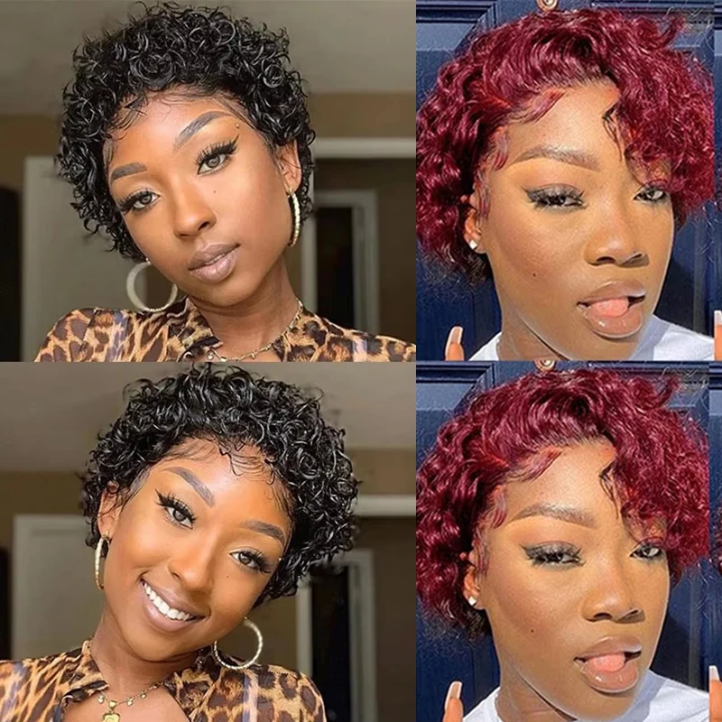 99Jピクシーカットウィッグ カラー 13x1レースウィッグ スプリングカール ショートボブ 人毛ウィッグ 女性用 ナチュラルブラックカラー 人毛ウィッグ 1B