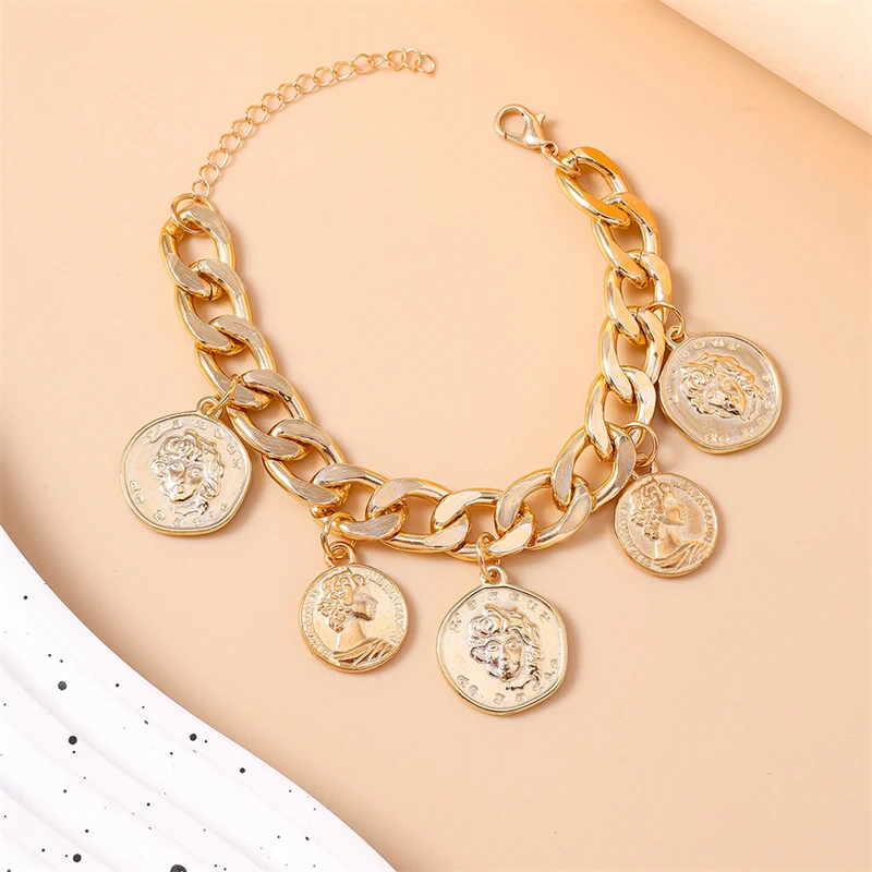 Punk Runde Münze Anhänger Armband für Frauen Männer Gold Farbe Zink-legierung Armband Mädchen Party Festival Geschenke DIY Schmuck Decora – Detail 3