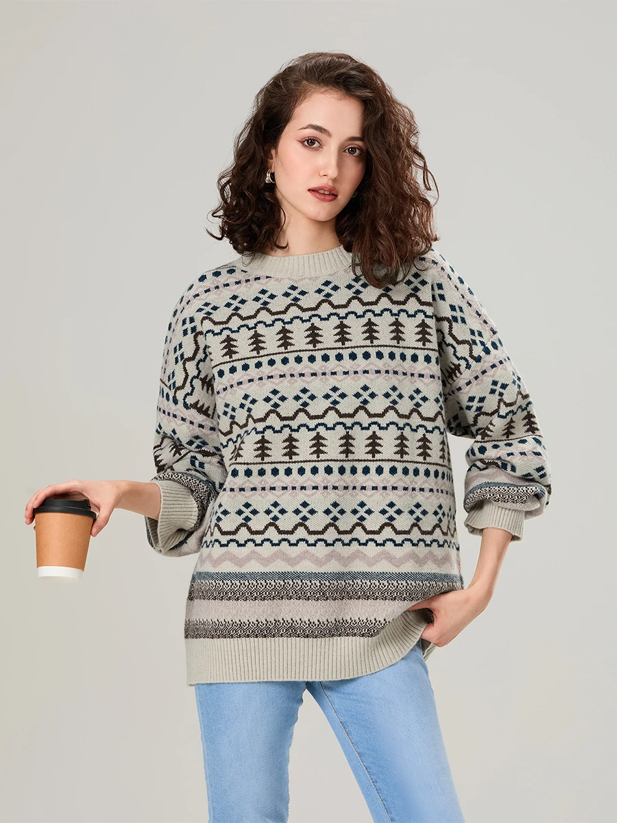 wsevypo Women's Christmas Sweaters Fall Winter Geometric Pattern Long Sleeve Round Neck Loose Knitted Pullovers Warm Jumpers