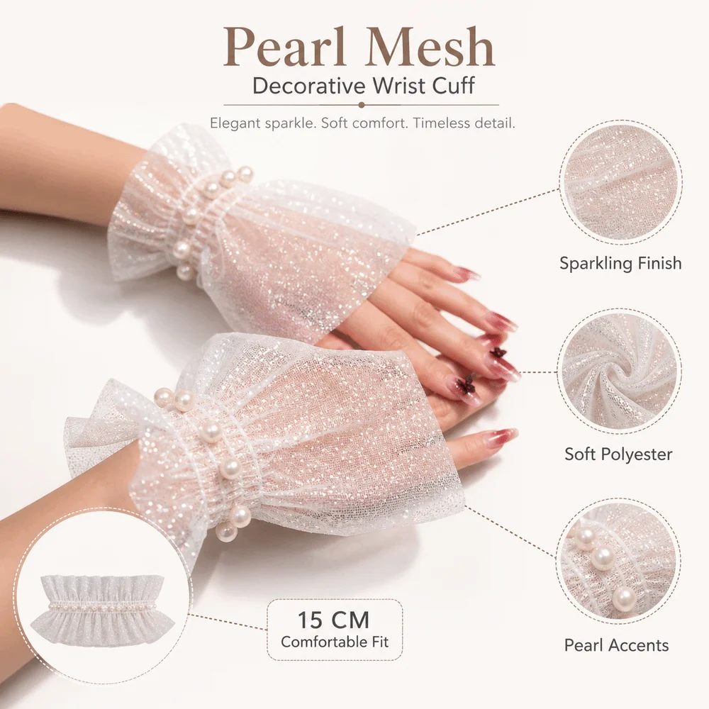 Glitters Shining Fake Wrist Cuff Pearl Tulle Arm Wear False Sleeve Cuffs Detachable Short Decorative Wrist Sleeve