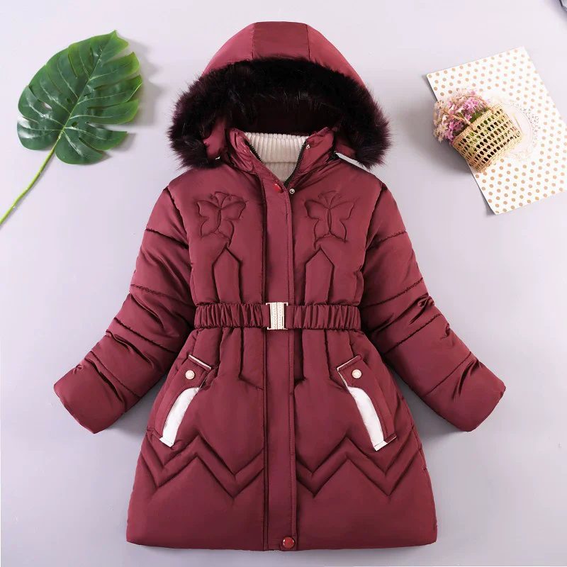 -30℃ Winter Girls Velvet Coats Kids Thick Warm Cotton Jackets Children Furry Hooded Long Parka Solid Overcoat 5-10 Years