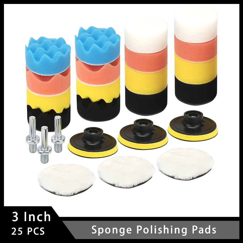 3 Inch Sponge Polishing Pads 25 Pcs with Woolen Buffer and Backer Pad Buffer Pad for Car Waxing Polishing Sealing Glaze