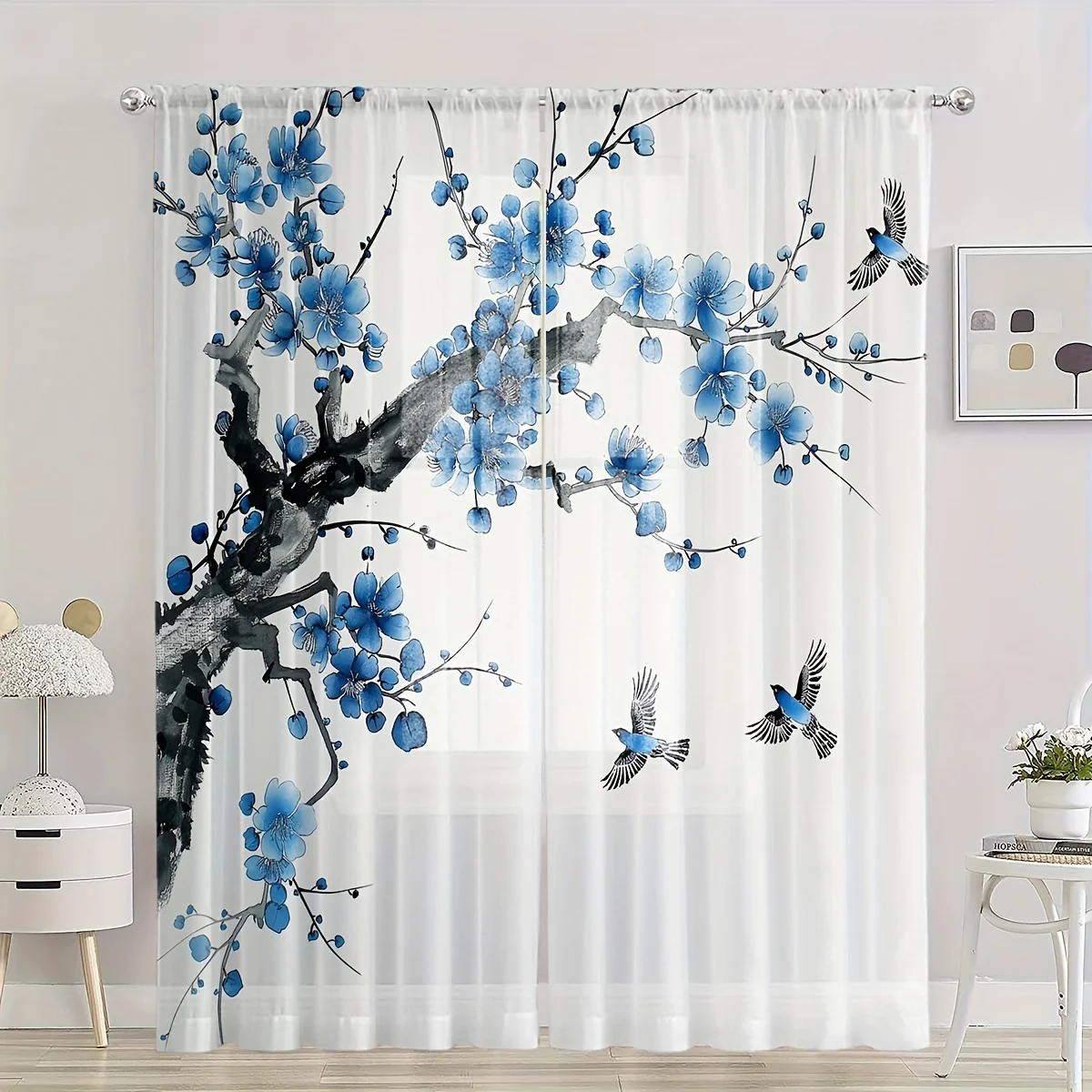 2pcs Blue Lined Ink Blue Flower Spring Scenery Bird Pattern Window Yarn Home Deco Living Room Bedroom Study Window Voile Drape