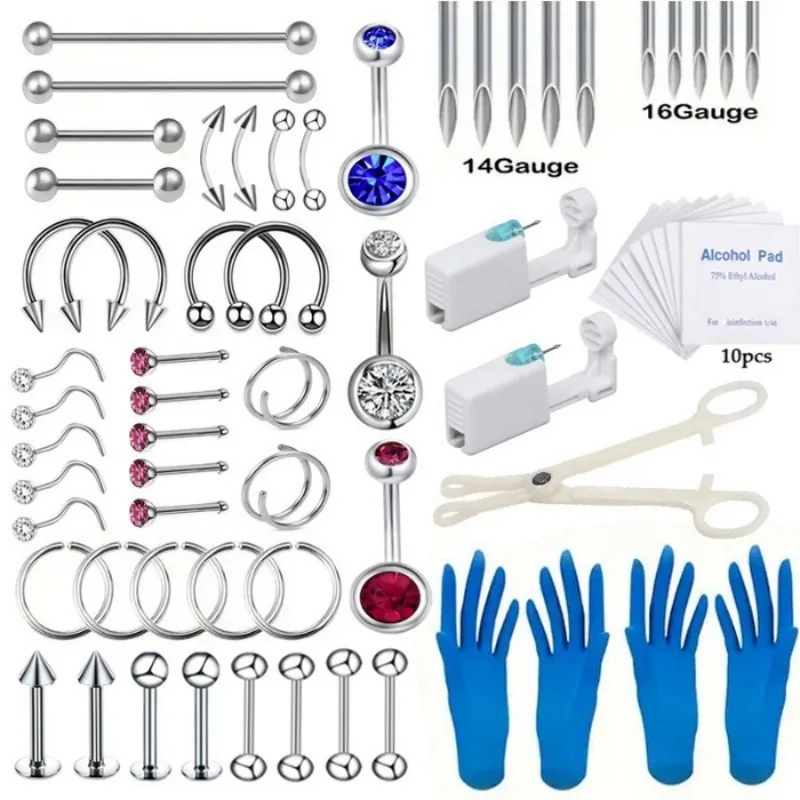 67/70/101/111Pcs Sterile Ear Piercing Kit, Cartilage Tragus Helix Piercing Gun No Pain Piercer Tool Machine Set Stud Jewelry