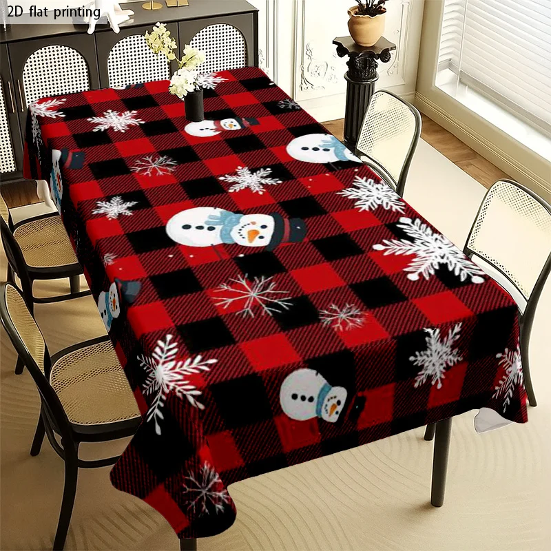 Xmas Plaid Tablecloth, Red Black Background With Snowman And Snowflake Pattern, Waterproof Table Cover for Daily Meals & Home