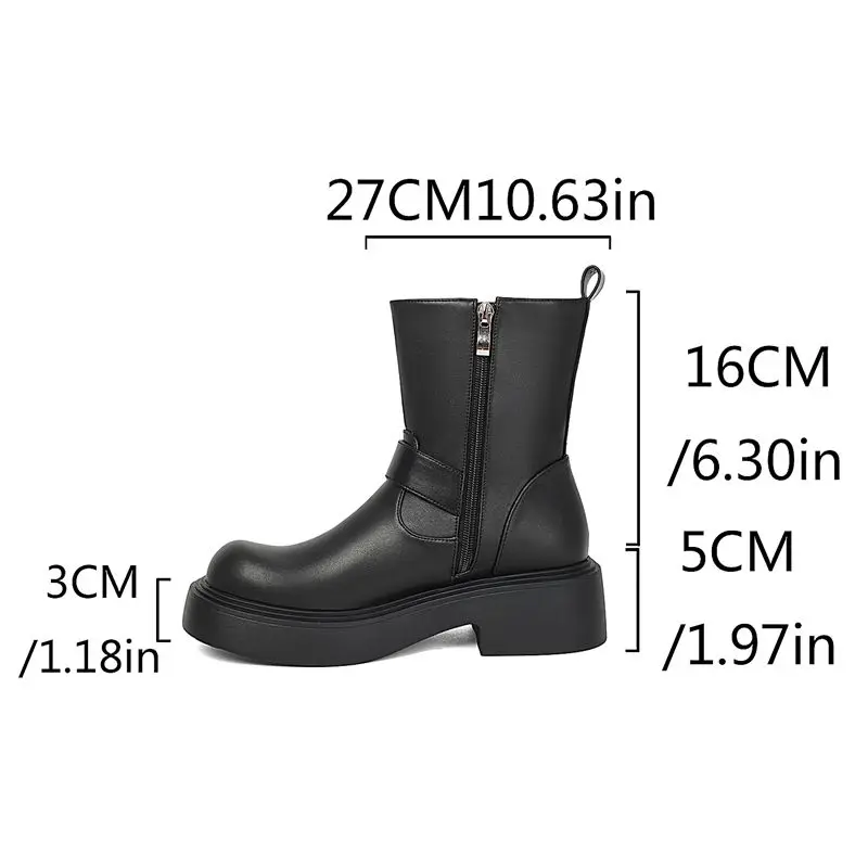 SIMLOVEYO Black Female Ankle Boots Round Toe 5cm Thick Heel Zipper Belt Buckle Large Size 41 42 43 Leisure Concise Short Botas
