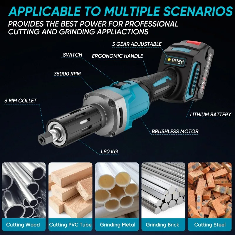 

【Best Choice】6mm 2000W 35000RPM Brushless Die Electric Cordless 4 Speed Rotary Oils For 18v Battery