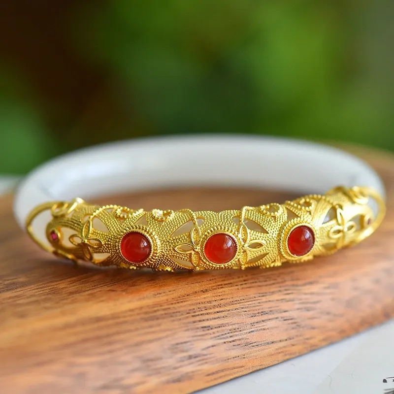 

Natural White Jade Bangle Round Bracelet Women Fine Jewelry Genuine Chinese Hetian Jade Inlaid Red Agate Nephrite Bangles