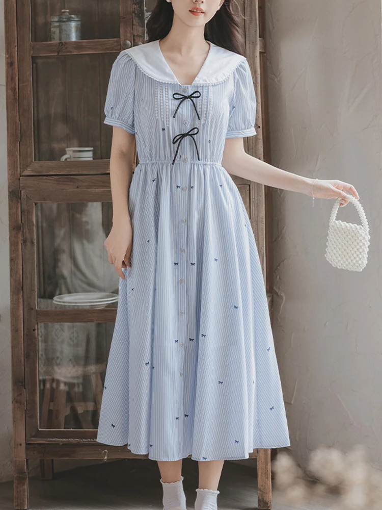 

Summer Sweetheart French Fresh Mid-Calf Loose Stripe Dress Sailor Collar Sweet Princess Sleeves Loose X-Shaped Lady Dresses