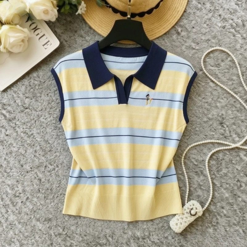Women Red Collar Color Block Striped Knit Pullover Sleeveless Embroidery Decor Stretchy Slim Summer Preppy Knit Sweater Top view 3