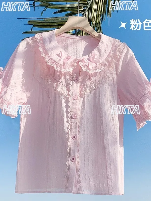 

Sweet and Cute Lace Bow Lolita Inner Shirt Tops Women Short Sleeves Doll Collar Cotton Summer Versatile Princess Blusas Ladies