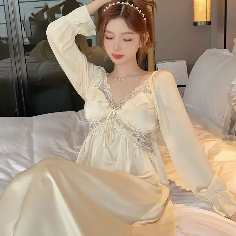 Morning Robe Women\'s Nightgown Long Sleeved Long Style with Chest Cushion Ice Silk Nightgown Women\'s Autumn New Long Skirt 2025